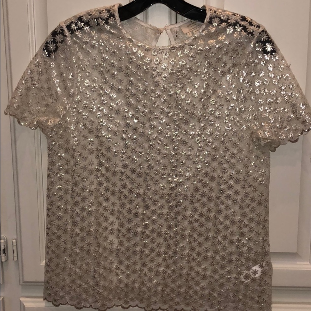 Kate Spade White/Silver Floral Embroidered Blouse